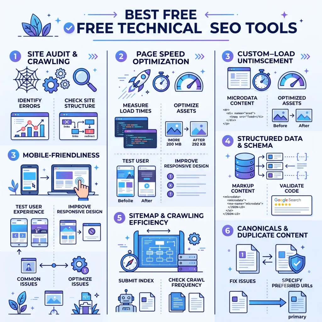 Illustration of the best free technical SEO tools, showing website crawling, site audits, Core Web Vitals, page speed analysis, XML sitemaps, indexing status, and technical SEO performance metrics.
