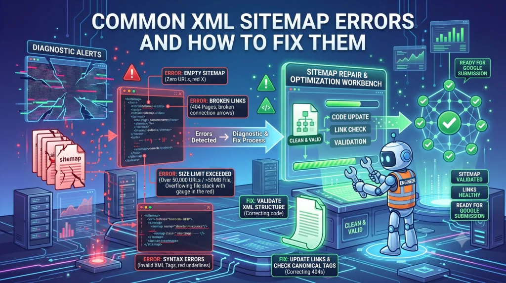 Illustration showing common XML sitemap errors—such as broken URLs, noindex pages, redirects, and invalid XML—and practical solutions to improve website crawling and indexing.