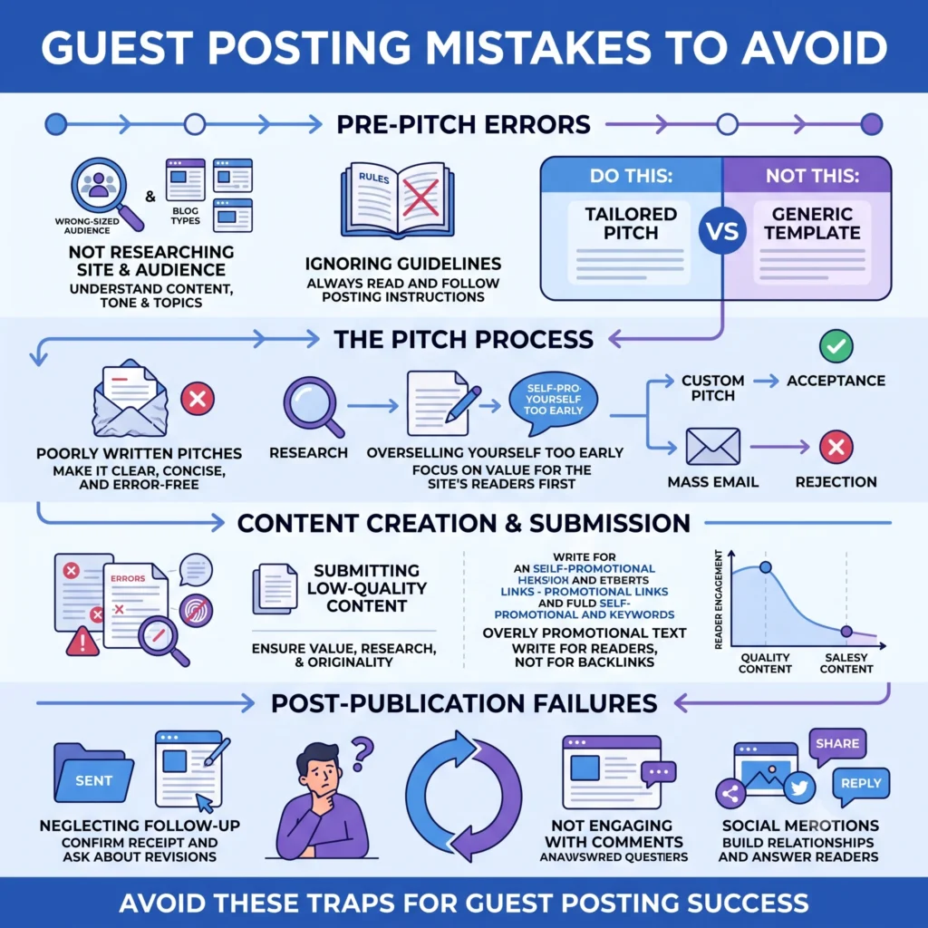 Common guest posting mistakes to avoid, including targeting irrelevant websites, sending generic pitches, publishing low-quality content, and using unnatural backlinks.