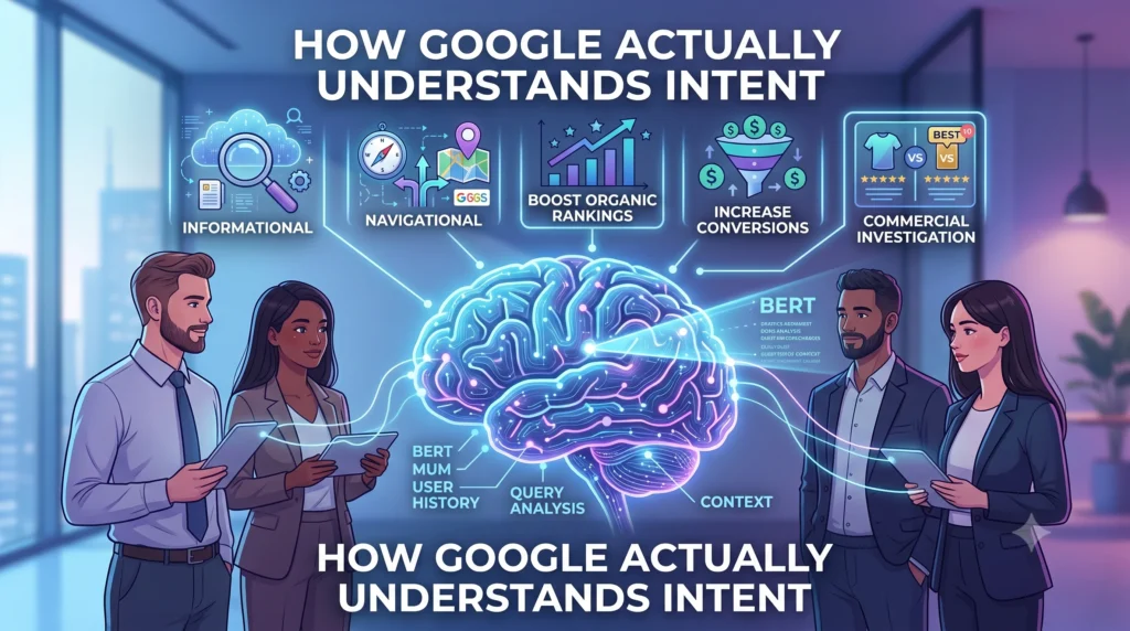 Illustration showing how Google understands search intent using semantic search, AI, user behavior signals, and search context to deliver relevant results.