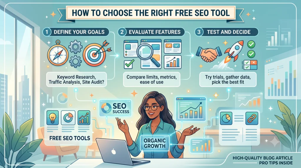 Illustration showing how to choose the right free SEO tool based on goals such as keyword research, technical SEO, backlink analysis, rank tracking, content optimization, and website analytics.