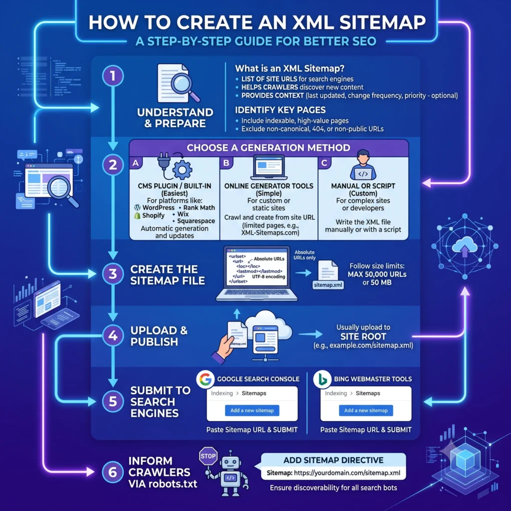 Illustration showing how to create an XML sitemap with a sitemap structure, XML code, and SEO elements for better website crawling and indexing.