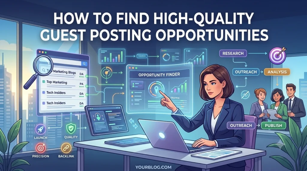 Finding high-quality guest posting opportunities through niche-relevant websites, authoritative blogs, competitor backlink research, and guest post searches.