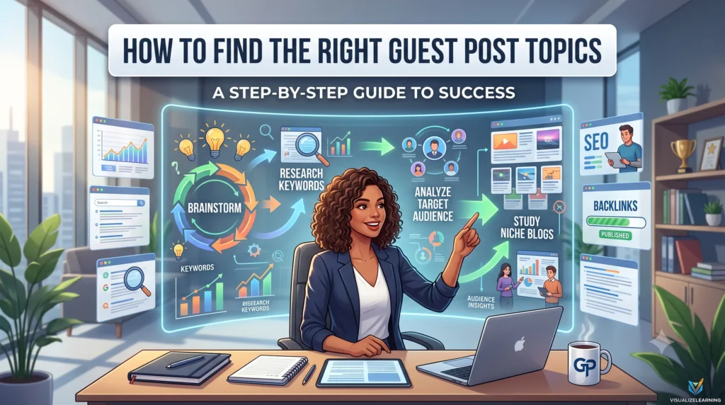Finding the right guest post topics by analyzing a website’s existing content, popular articles, content gaps, search intent, trends, and guest post guidelines.