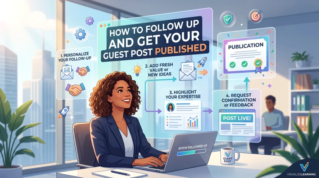 Following up on guest post submissions by communicating with publishers, responding to feedback, promoting approved content, and getting the guest post published.