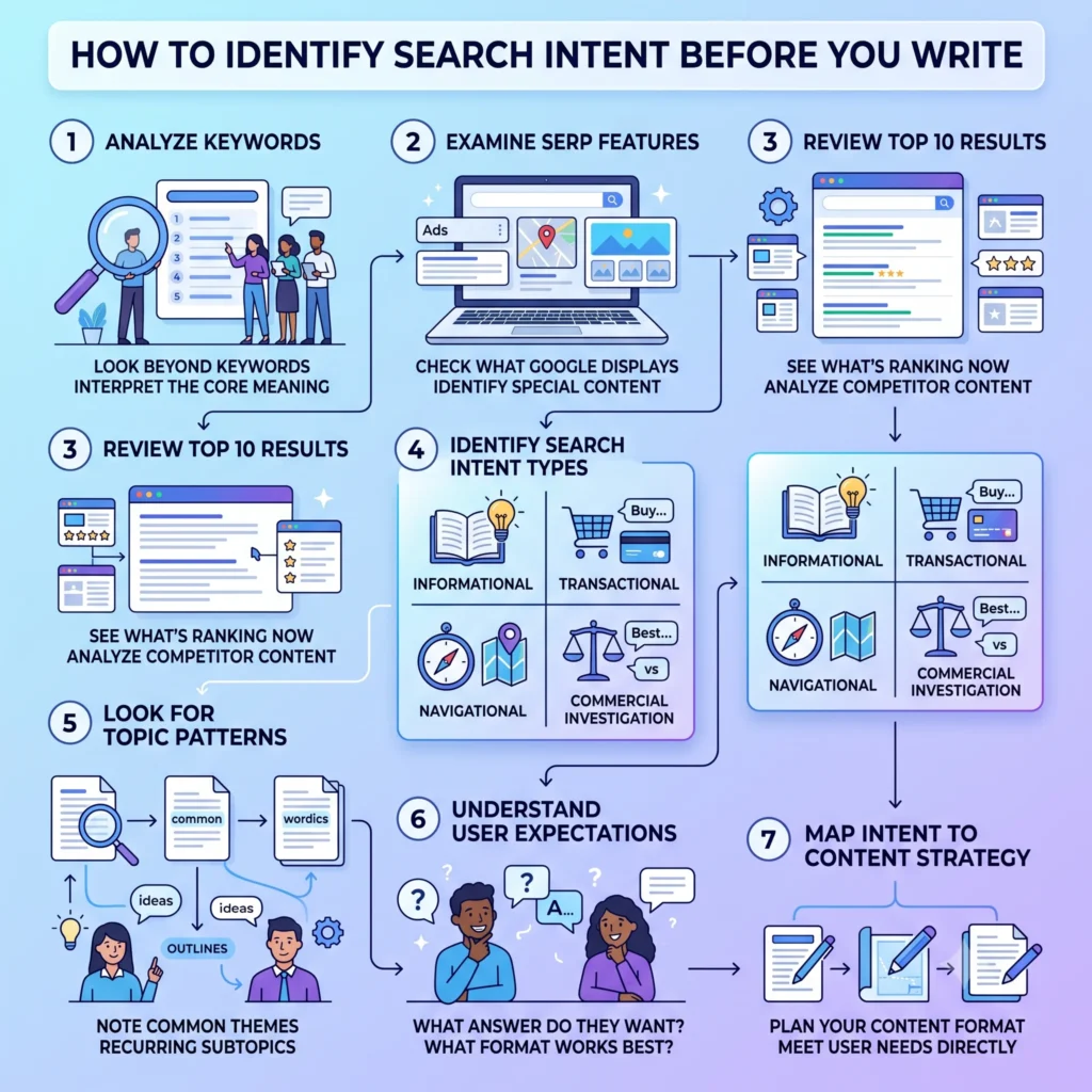 Illustration showing how to identify search intent before writing by analyzing SERPs, keyword modifiers, content formats, and user expectations for better SEO.