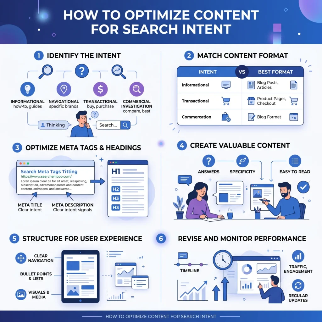 Illustration showing how to optimize content for search intent by matching user needs, content format, keywords, and on-page SEO best practices.