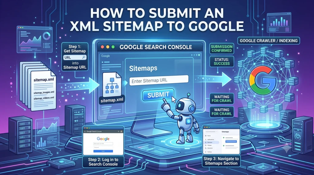 Step-by-step illustration showing how to submit an XML sitemap to Google Search Console for faster website crawling and indexing.
