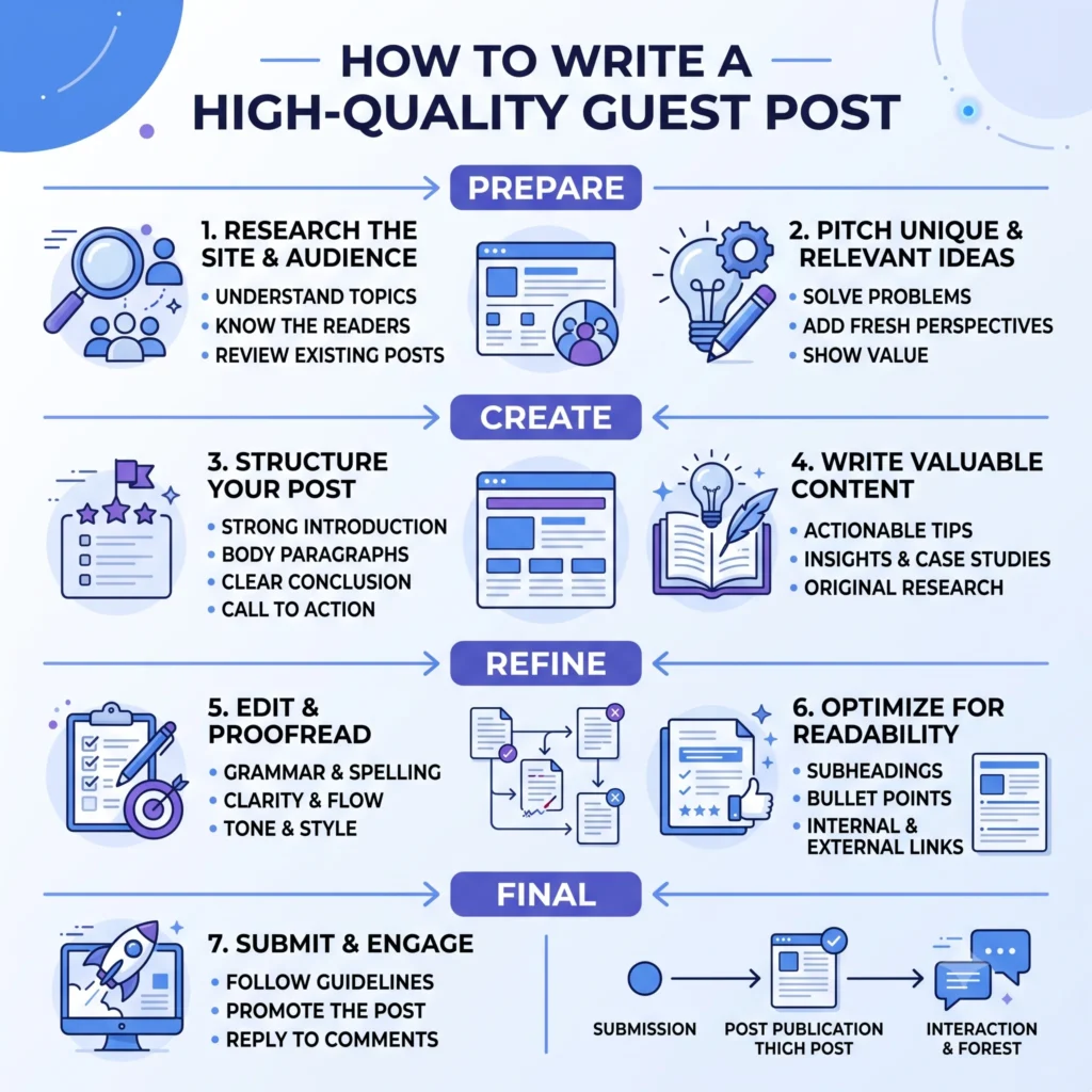 Writing a high-quality guest post with an engaging headline, clear structure, original content, useful data, relevant links, and supporting media.
