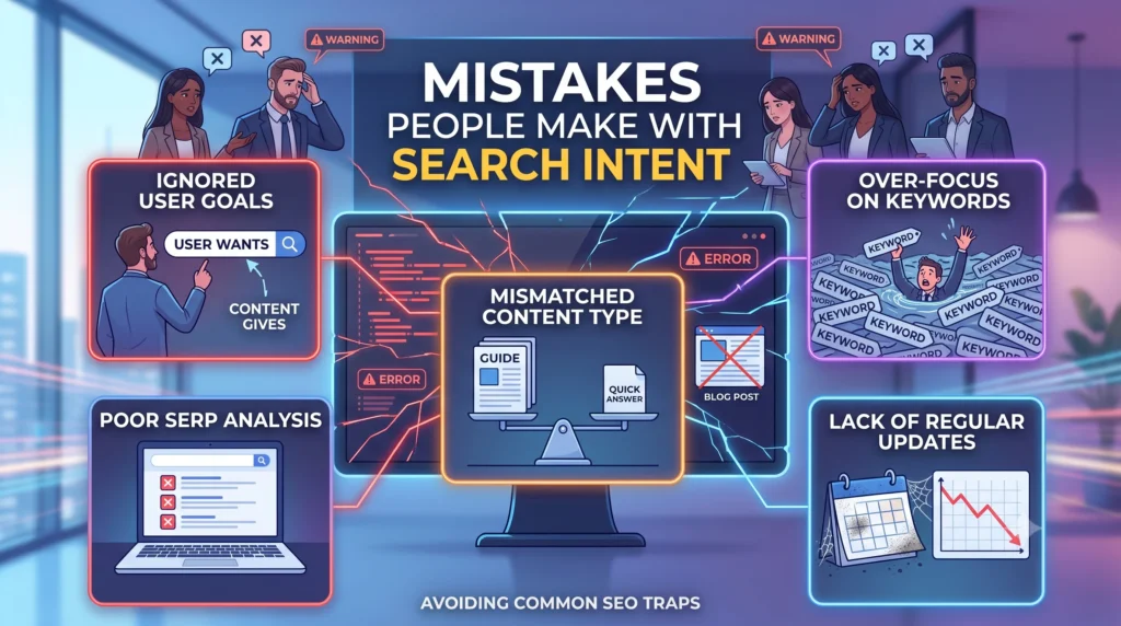 Illustration highlighting common search intent mistakes, including targeting the wrong intent, ignoring SERPs, and creating content that doesn't match user expectations.