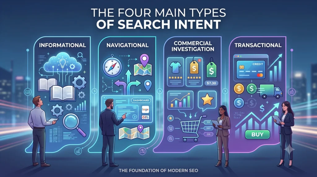 Illustration comparing the four main types of search intent—informational, navigational, commercial, and transactional—to help users understand intent-based SEO.