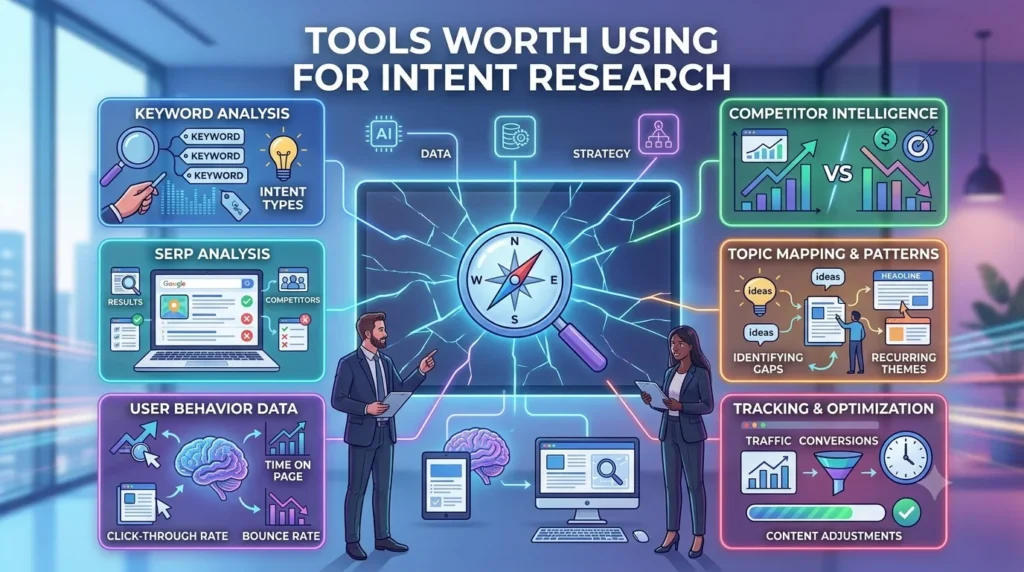 Illustration showcasing popular SEO tools for search intent research, including SERP analysis, keyword intent detection, and content optimization insights.