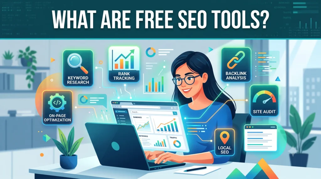 Illustration explaining what free SEO tools are, showing a website SEO dashboard with keyword research, technical SEO, backlink analysis, rank tracking, and website performance optimization features.