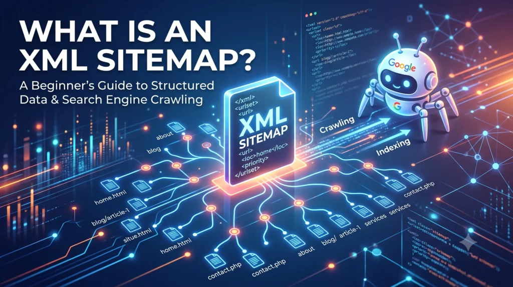 Illustration explaining what an XML sitemap is, showing a structured sitemap file that helps search engines crawl and index website pages efficiently.
