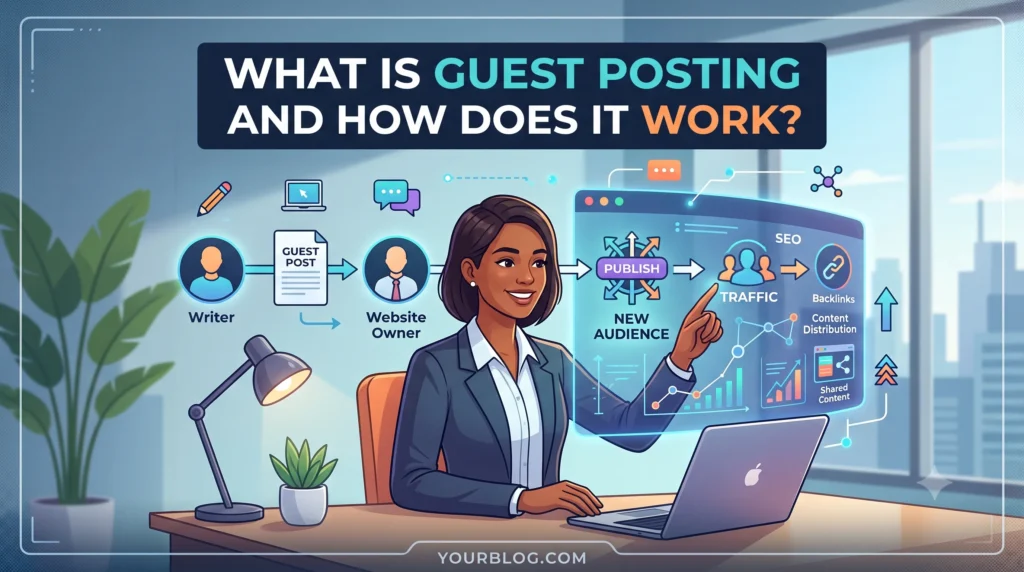 Guest posting explained, showing how guest authors publish articles on other websites to build backlinks, increase traffic, and grow online authority.