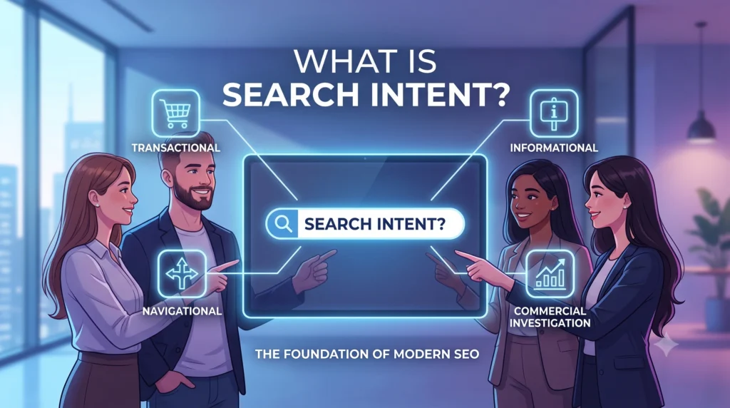 Illustration explaining search intent in SEO with a search bar, magnifying glass highlighting user intent, and icons representing informational, navigational, commercial, and transactional search intent.