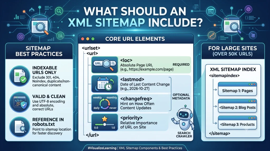 Diagram showing the essential elements of an XML sitemap, including indexable URLs, canonical pages, last modified dates, and sitemap structure for better search engine crawling and indexing.