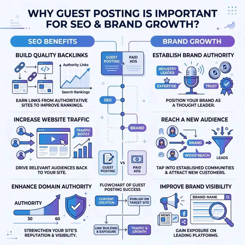 Guest posting benefits for SEO and brand growth, including building high-quality backlinks, increasing website traffic, improving online authority, and expanding brand visibility.