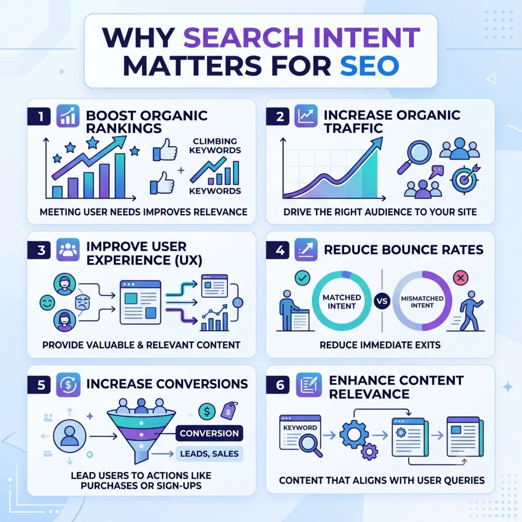 Illustration showing how matching content with search intent improves SEO, boosts search rankings, increases organic traffic, and enhances user experience.