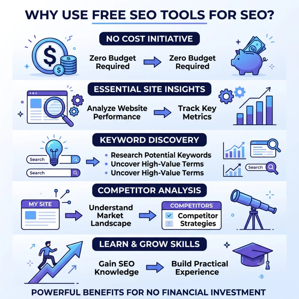 Illustration showing why free SEO tools are important for SEO, featuring keyword research, website audits, backlink analysis, technical SEO, rank tracking, and analytics to improve organic search performance.