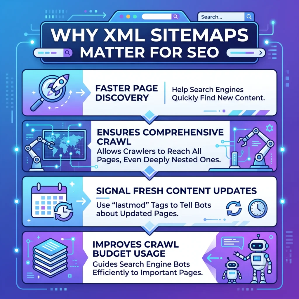 Diagram showing how XML sitemaps help search engines discover, crawl, and index website pages, improving SEO and content visibility.