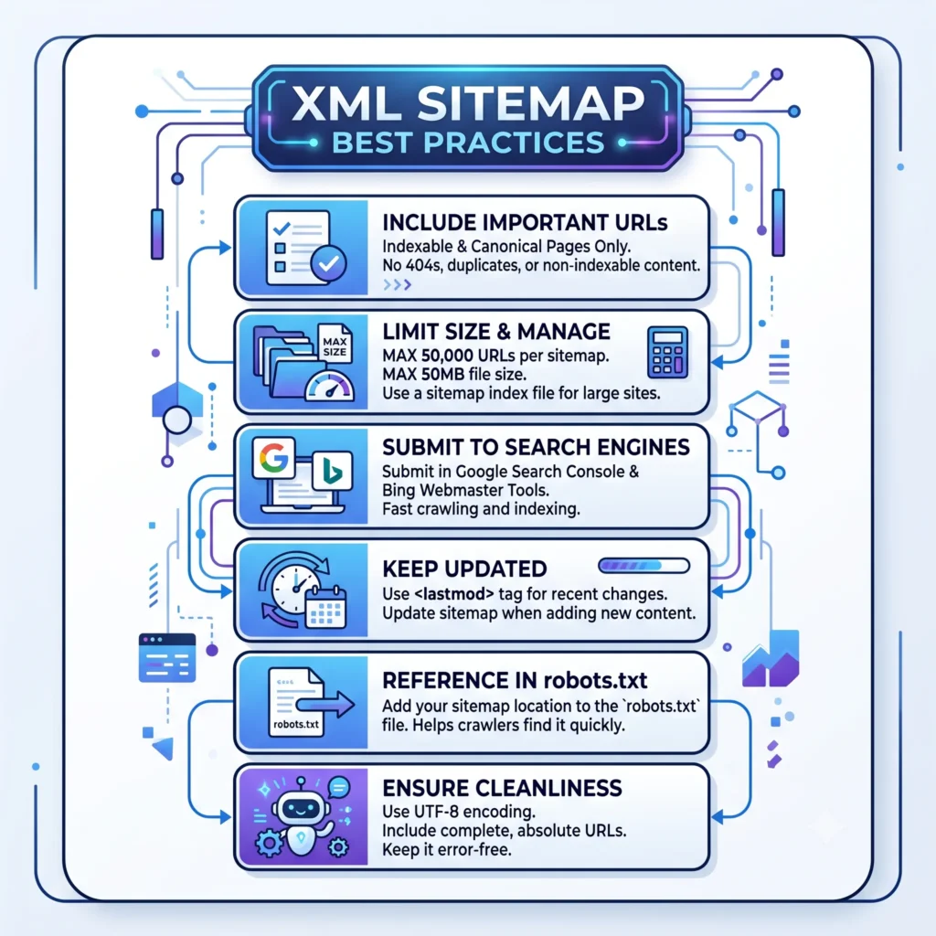 XML Sitemap best practices illustration showing a sitemap structure, XML code, and SEO optimization elements for improved website crawling and indexing.