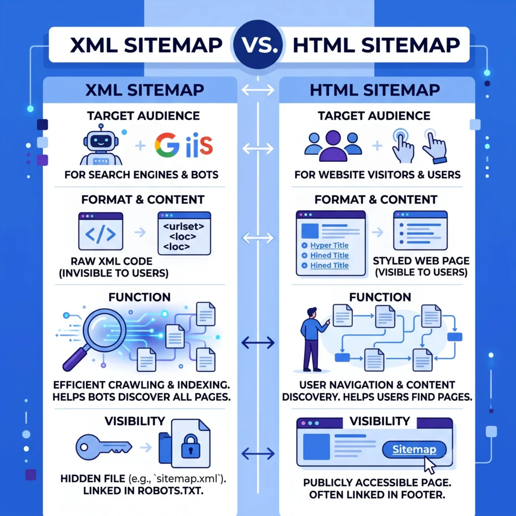 Comparison of XML Sitemap vs. HTML Sitemap, showing how XML sitemaps help search engines crawl websites while HTML sitemaps improve user navigation.